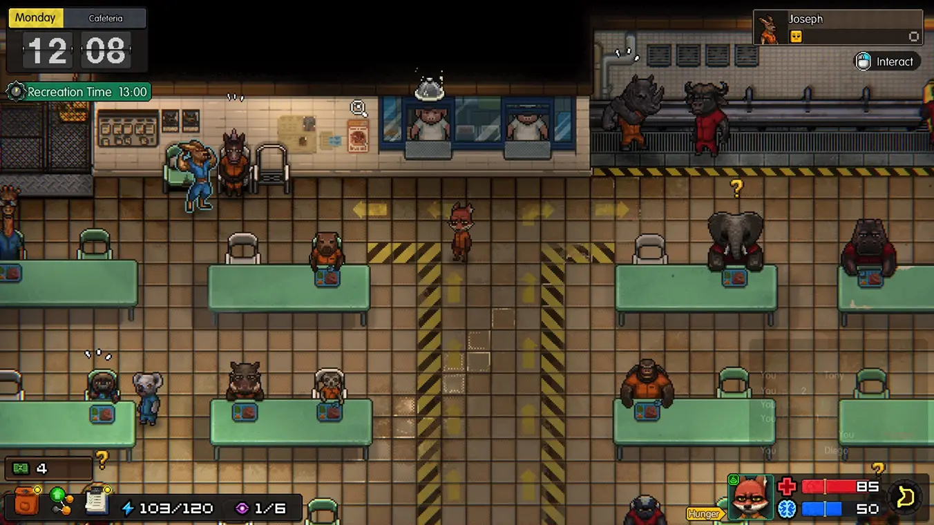 Screenshot from Back to the Dawn set in a prison cafeteria. Anthropomorphic animal prisoners are sitting at long green tables eating food trays, while others stand near the serving counters or sink area. The player controlled orange fox character is standing in the center aisle.