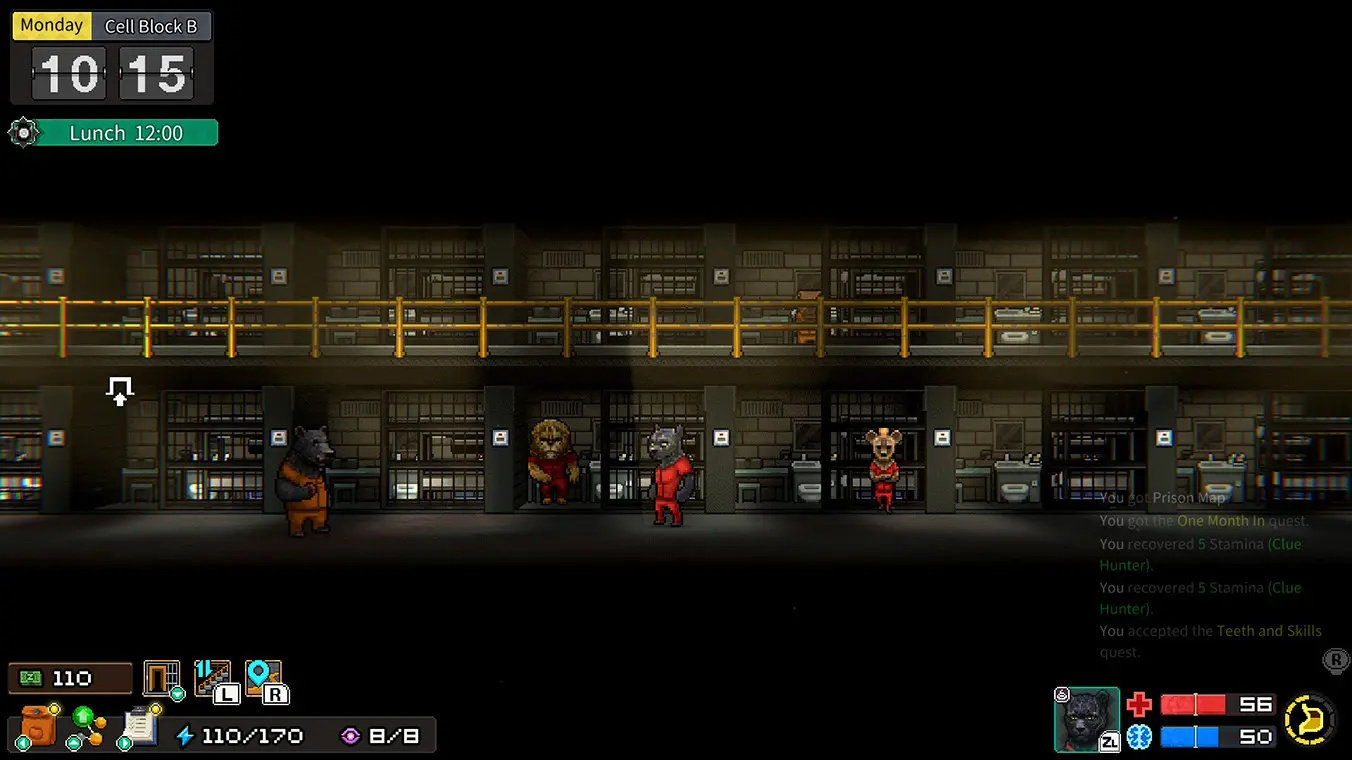 Screenshot from Back to the Dawn inside Cell Block B. Several anthropomorphic animal prisoners—including a large bear, a lion, a black panther, and a hyena—are standing outside a row of two-story concrete jail cells.