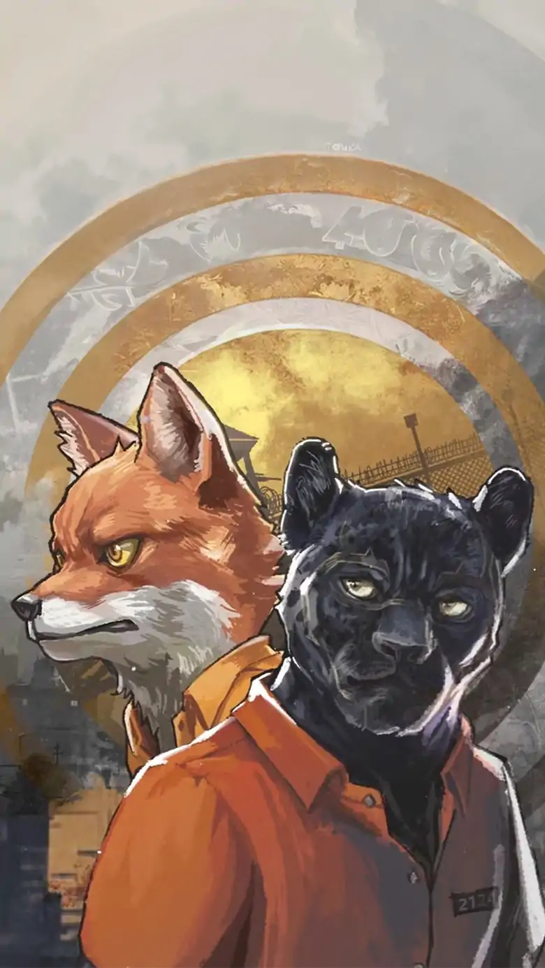 Promotional artwork for Back to the Dawn featuring a close-up of two anthropomorphic animal characters standing back-to-back in orange prison uniforms: a determined orange fox looking to the left and a black panther looking forward. The background is a stylized, textured collage displaying a barbed-wire prison fence, industrial smokestacks, and a city silhouette.