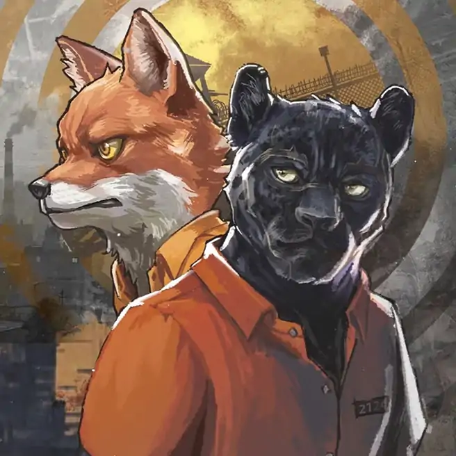 Promotional artwork for Back to the Dawn featuring a close-up of two anthropomorphic animal characters standing back-to-back in orange prison uniforms: a determined orange fox looking to the left and a black panther looking forward. The background is a stylized, textured collage displaying a barbed-wire prison fence, industrial smokestacks, and a city silhouette.