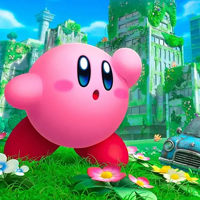 Promotional key art for Kirby and the Forgotten Land showing a large, vibrant pink Kirby standing in a grassy meadow filled with colorful flowers. Next to Kirby is a rusted, old-fashioned blue car, with a vast skyline of overgrown, abandoned skyscrapers towering in the background under a sunny sky.