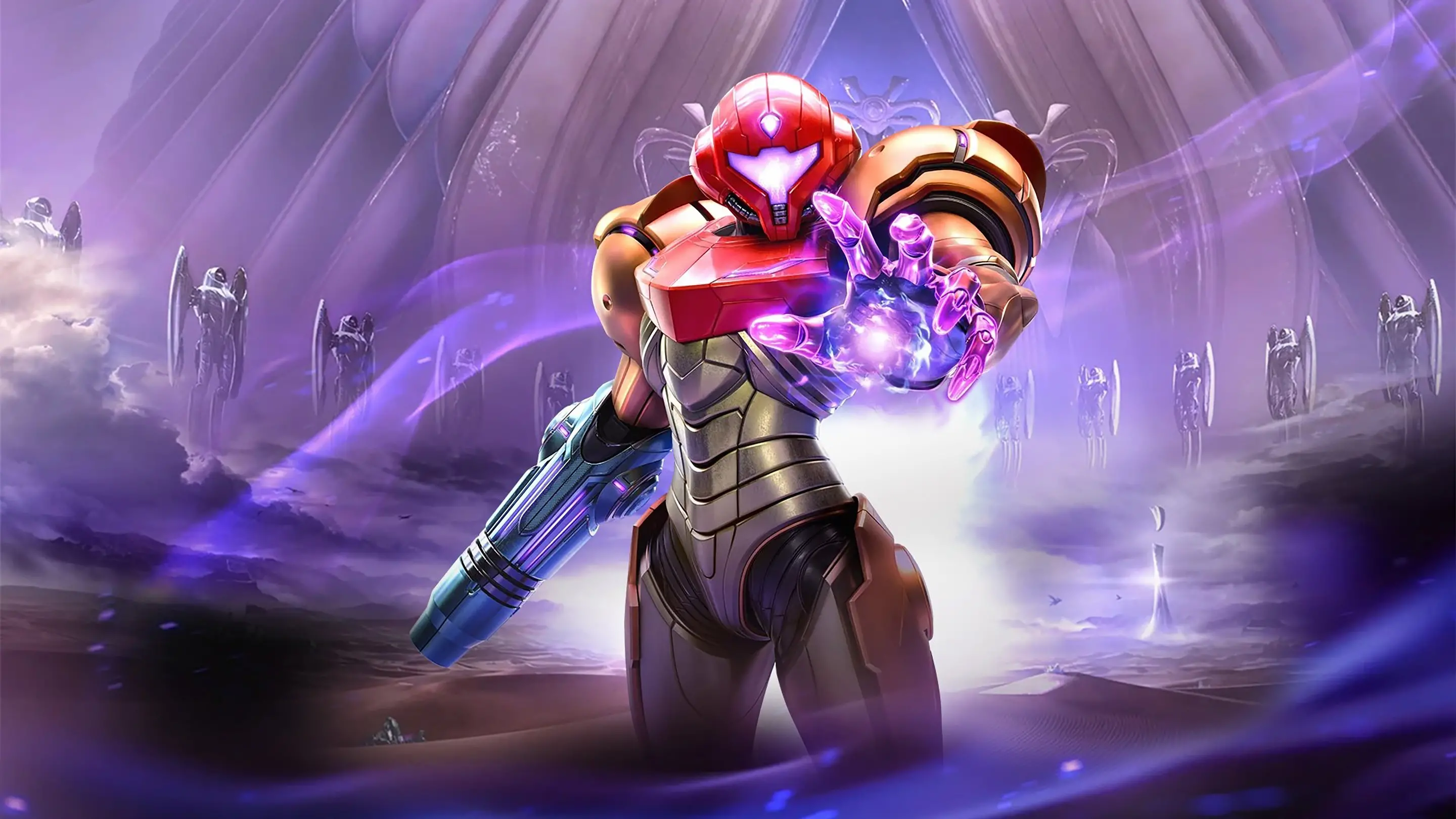Promotional artwork for Metroid Prime 4: Beyond featuring Samus Aran in her iconic Power Suit, reaching out with an open hand glowing with purple energy. She holds her arm cannon at her side against a background of a purple-hued landscape, featuring massive architectural structures and rows of distant statues under a cloudy sky.