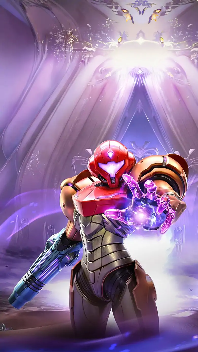 Promotional artwork for Metroid Prime 4: Beyond featuring Samus Aran in her iconic Power Suit, reaching out with an open hand glowing with purple energy. She holds her arm cannon at her side against a background of a purple-hued landscape, featuring massive architectural structures and rows of distant statues under a cloudy sky.
