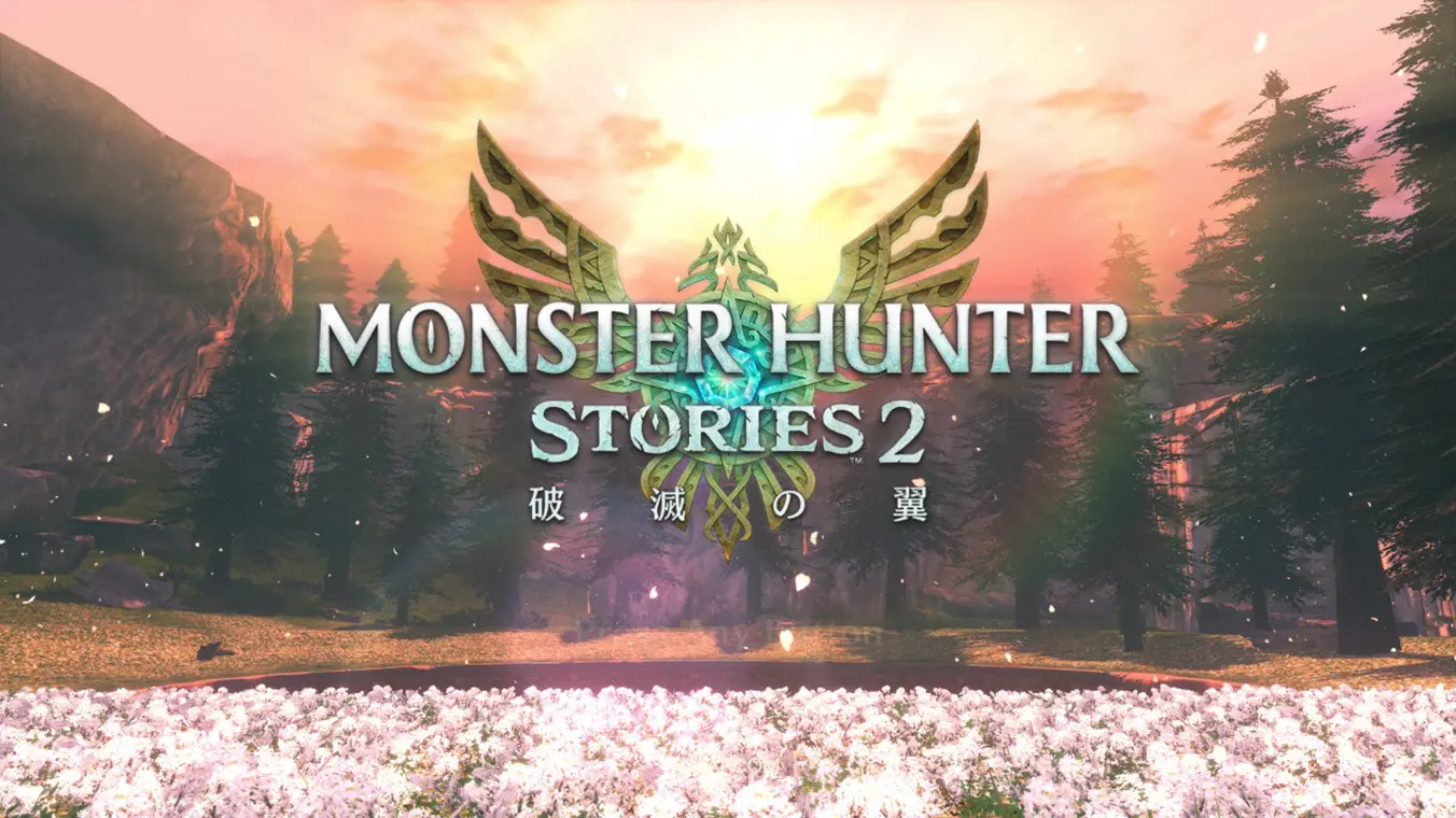 The title screen for Monster Hunter Stories 2: Wings of Ruin showing the game logo over a sunset landscape with a field of white flowers in the foreground and a forest under a warm, glowing sky.