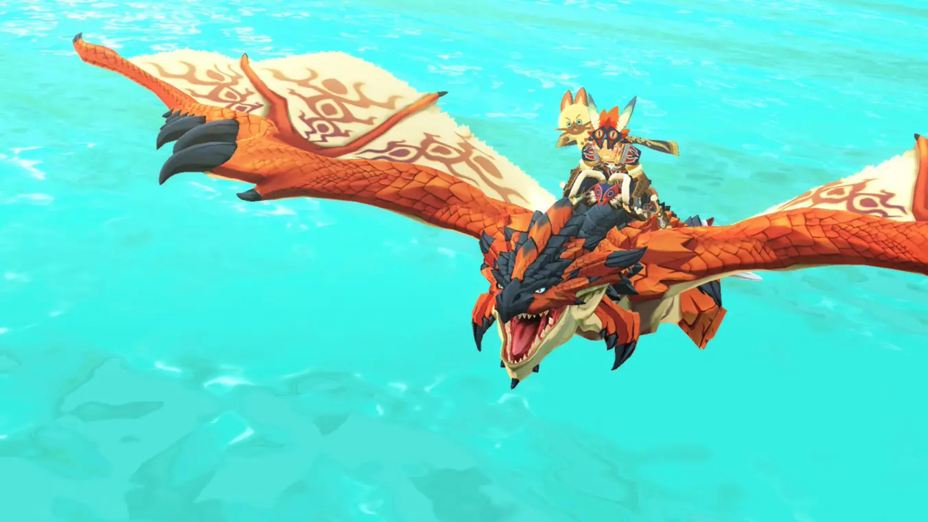 A high-angle cinematic screenshot of a character and a small cat companion riding on the back of a large, orange winged Rathalos monster as it flies low over bright turquoise ocean water.