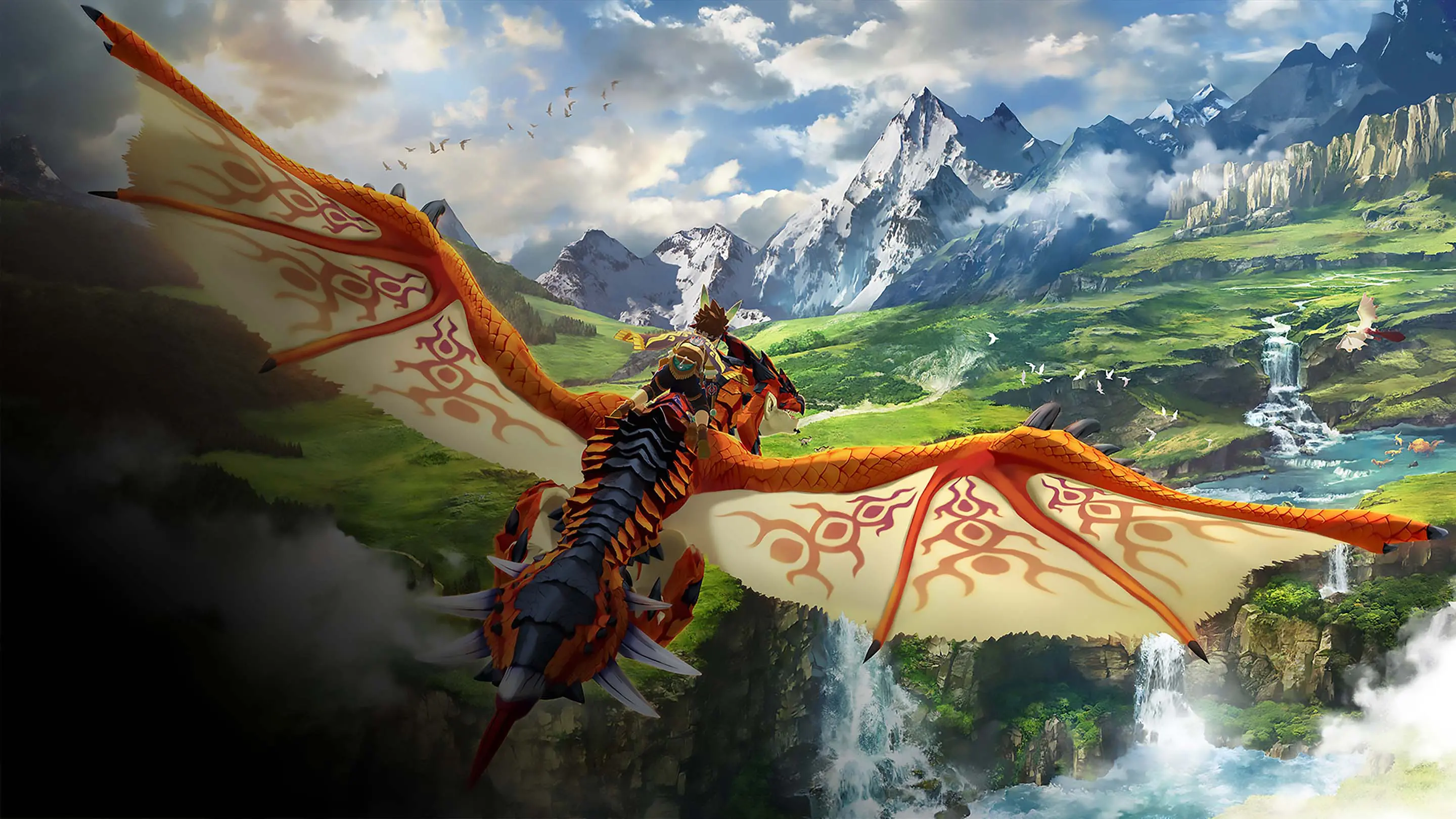 Promotional artwork from Monster Hunter Stories 2: Wings of Ruin, depicting a trailing third-person perspective behind a character flying on a large, orange and black winged Rathalos monster, looking out over a vast, vibrant fantasy valley filled with green fields, waterfalls, and snow-capped mountains.