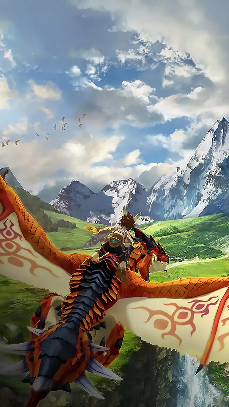 Promotional artwork from Monster Hunter Stories 2: Wings of Ruin, depicting a trailing third-person perspective behind a character flying on a large, orange and black winged Rathalos monster, looking out over a vast, vibrant fantasy valley filled with green fields, waterfalls, and snow-capped mountains.
