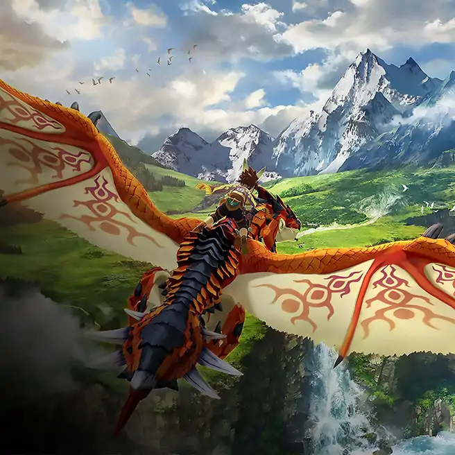 Promotional artwork from Monster Hunter Stories 2: Wings of Ruin, depicting a trailing third-person perspective behind a character flying on a large, orange and black winged Rathalos monster, looking out over a vast, vibrant fantasy valley filled with green fields, waterfalls, and snow-capped mountains.