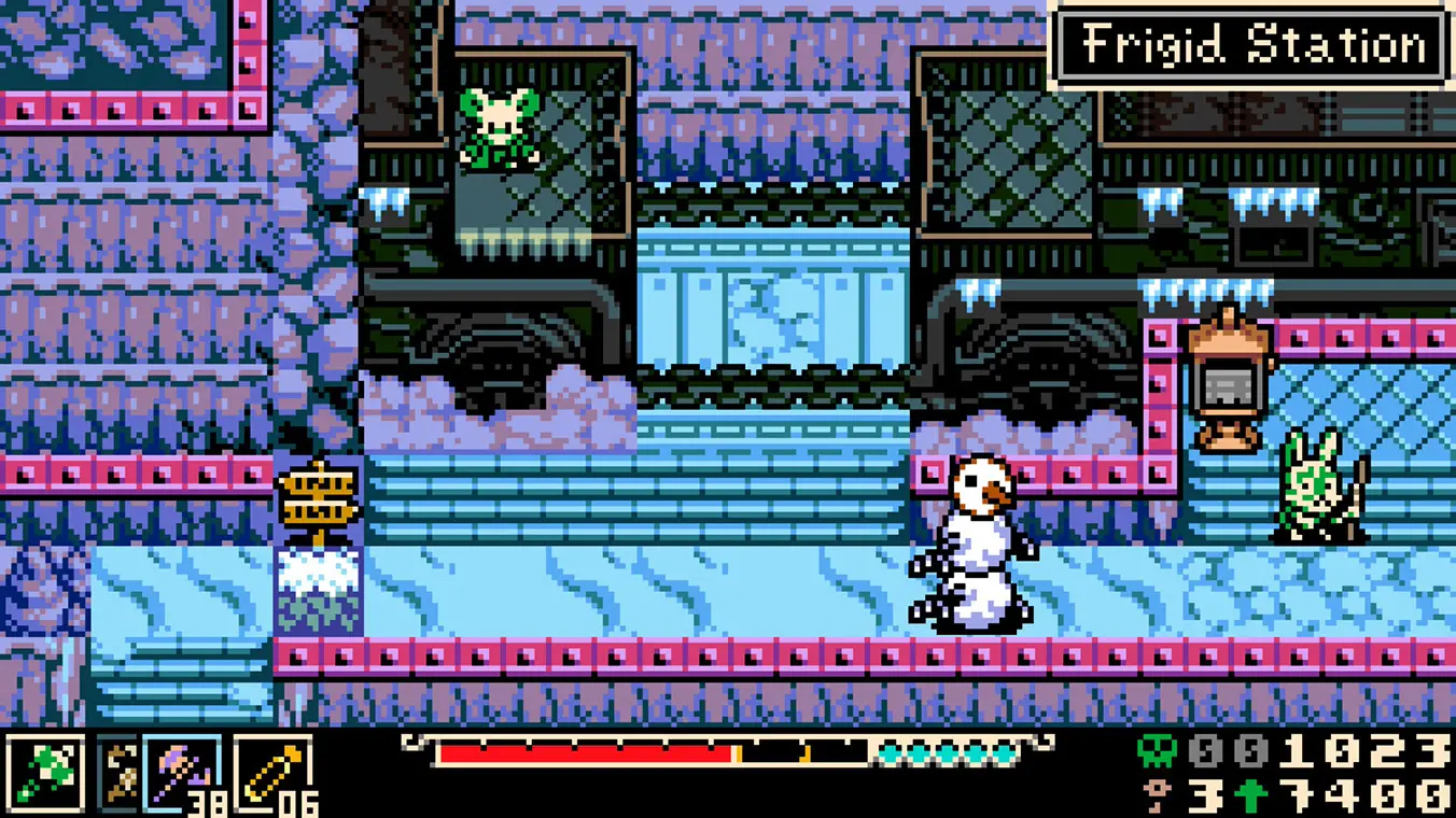 A retro pixel art game menu screen displaying the profile selection. The screen is packed with various red, white, and blue inventory item icons, stat numbers, a health bar, and details indicating the current location is Radiant Manor: Prime Generator.