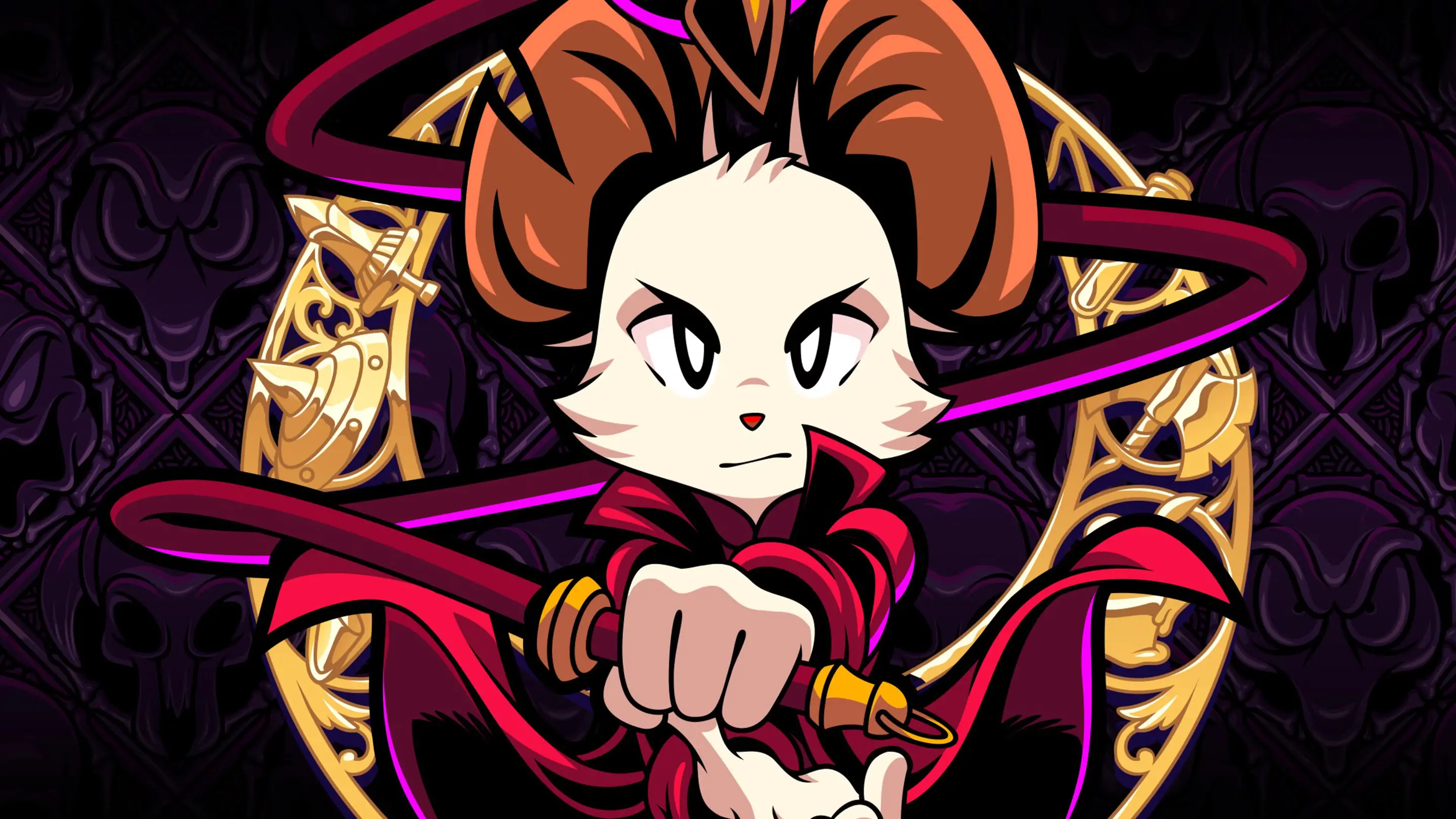 Promotional artwork for Mina the Hollower, featuring a close-up of the white mouse protagonist, Mina, wielding a long, sweeping whip with a fierce expression. She stands in front of a golden circular crest against a dark purple background patterned with stylized gargoyle skulls.