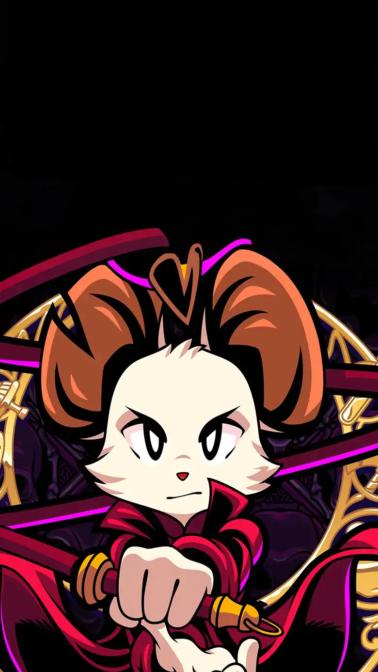 Promotional artwork for Mina the Hollower, featuring a close-up of the white mouse protagonist, Mina, wielding a long, sweeping whip with a fierce expression. She stands in front of a golden circular crest against a dark purple background patterned with stylized gargoyle skulls.