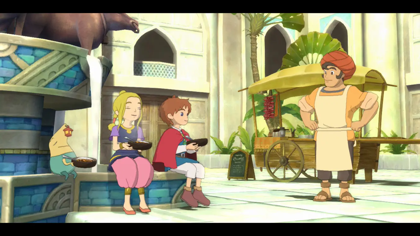 Cinematic screenshot of a boy, a blonde girl, and a fairy companion sitting on a fountain edge eating from bowls in a bright, desert-style town square next to a merchant standing by a food cart.