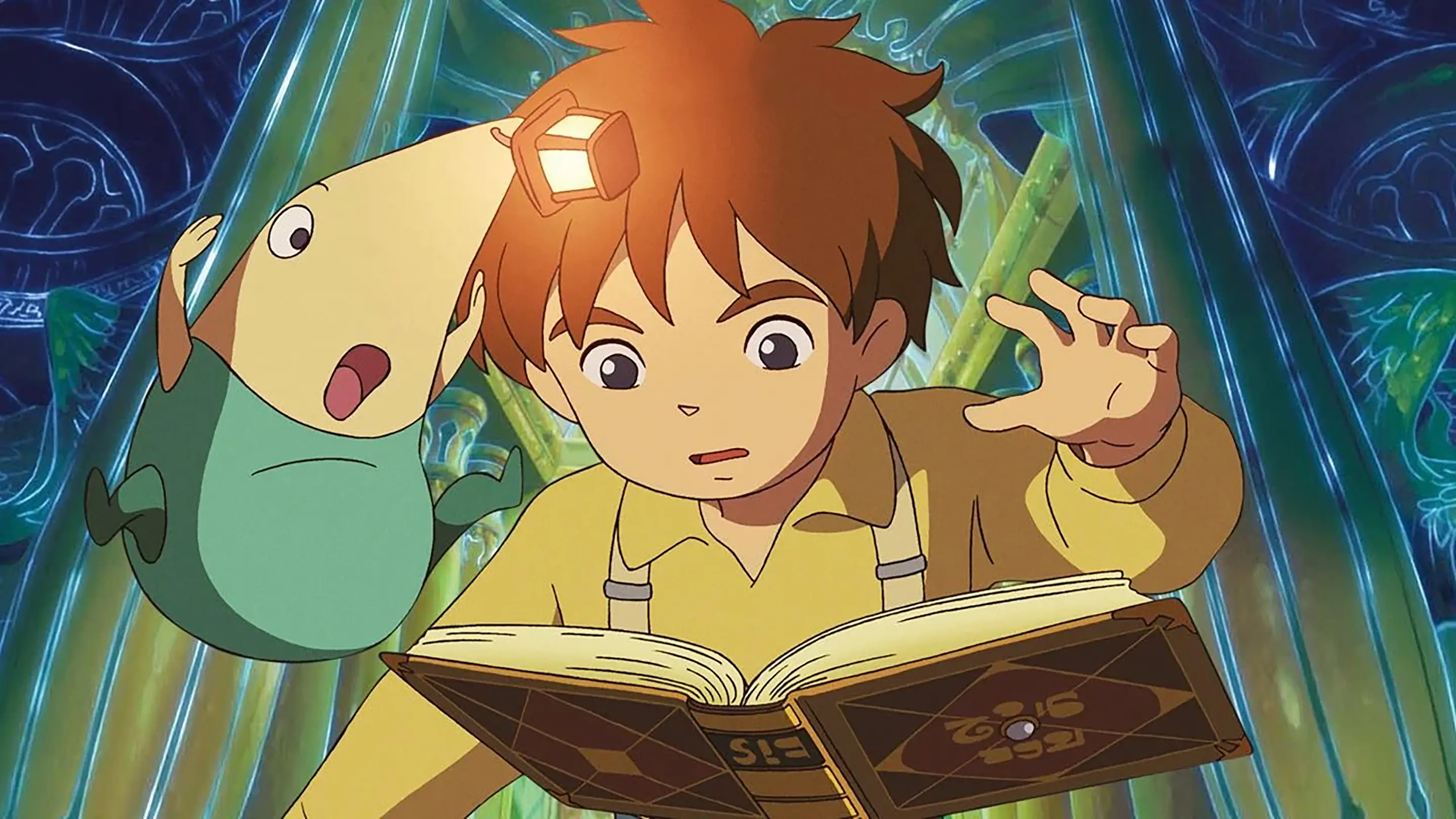 A close-up anime-style cinematic screenshot from Ni no Kuni: Wrath of the White Witch. It shows a surprised young boy looking down at a large, open magical book as his fairy companion jumps excitedly beside his head against a mystical glowing background.