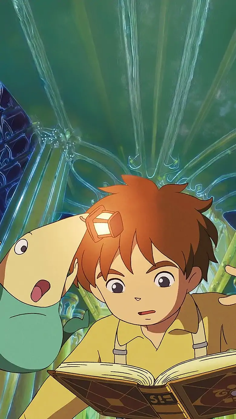A close-up anime-style cinematic screenshot from Ni no Kuni: Wrath of the White Witch. It shows a surprised young boy looking down at a large, open magical book as his fairy companion jumps excitedly beside his head against a mystical glowing background.