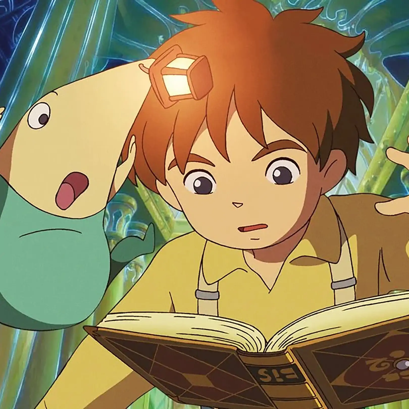 A close-up anime-style cinematic screenshot from Ni no Kuni: Wrath of the White Witch. It shows a surprised young boy looking down at a large, open magical book as his fairy companion jumps excitedly beside his head against a mystical glowing background.