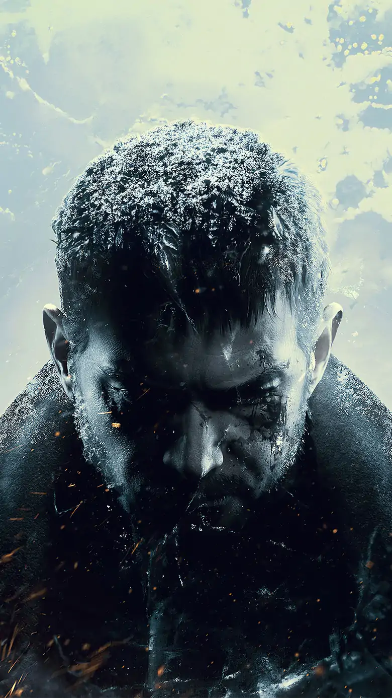 Promotional key art from Resident Evil Village, showing a dramatic, close-up portrait of Chris Redfield looking downward with a stern expression. His face is heavily shadowed, and the background features rugged, snow-capped mountains under a bleak sky with sparks drifting in the air.