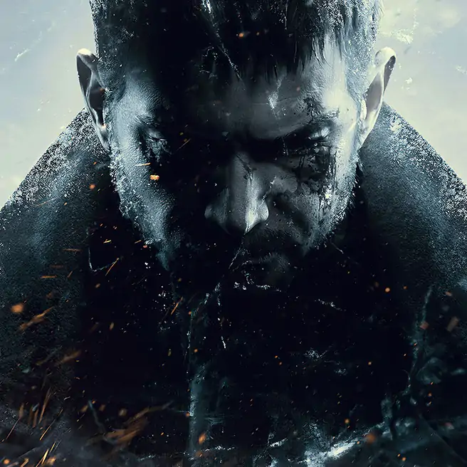 Promotional key art from Resident Evil Village, showing a dramatic, close-up portrait of Chris Redfield looking downward with a stern expression. His face is heavily shadowed, and the background features rugged, snow-capped mountains under a bleak sky with sparks drifting in the air.
