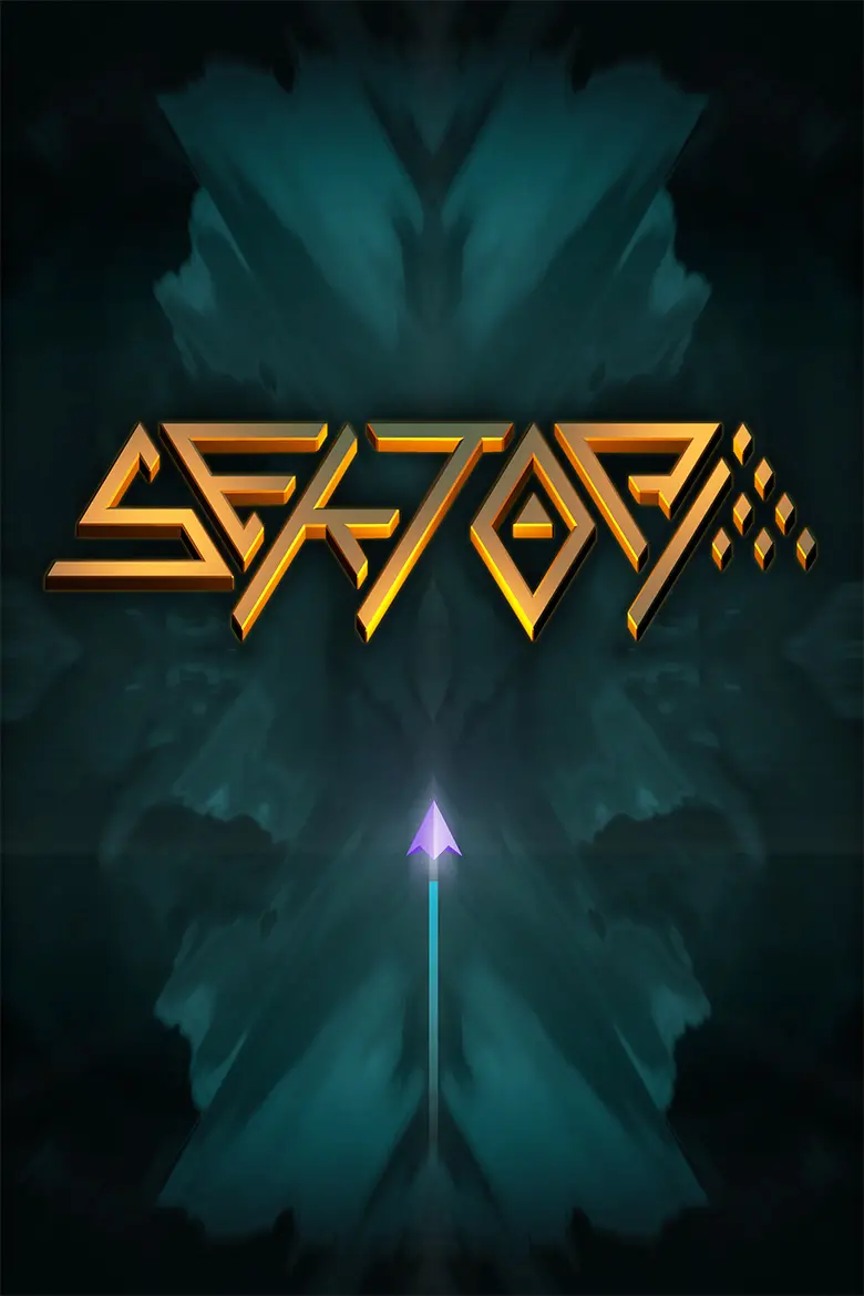 Title artwork for the game Sektori, featuring the stylized, metallic gold logo text SEKTORI against a dark, smoky teal background. A single purple triangular player ship points upward from the bottom center toward the logo.