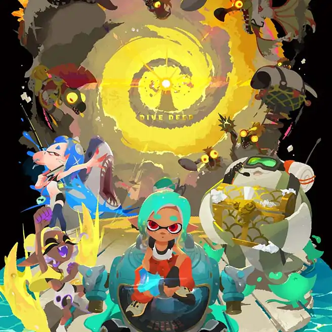 Vibrant promotional artwork for Splatoon Raiders featuring a turquoise-haired Inkling surrounded by the members of Deep Cut: Shiver, Frye, and Big Man.