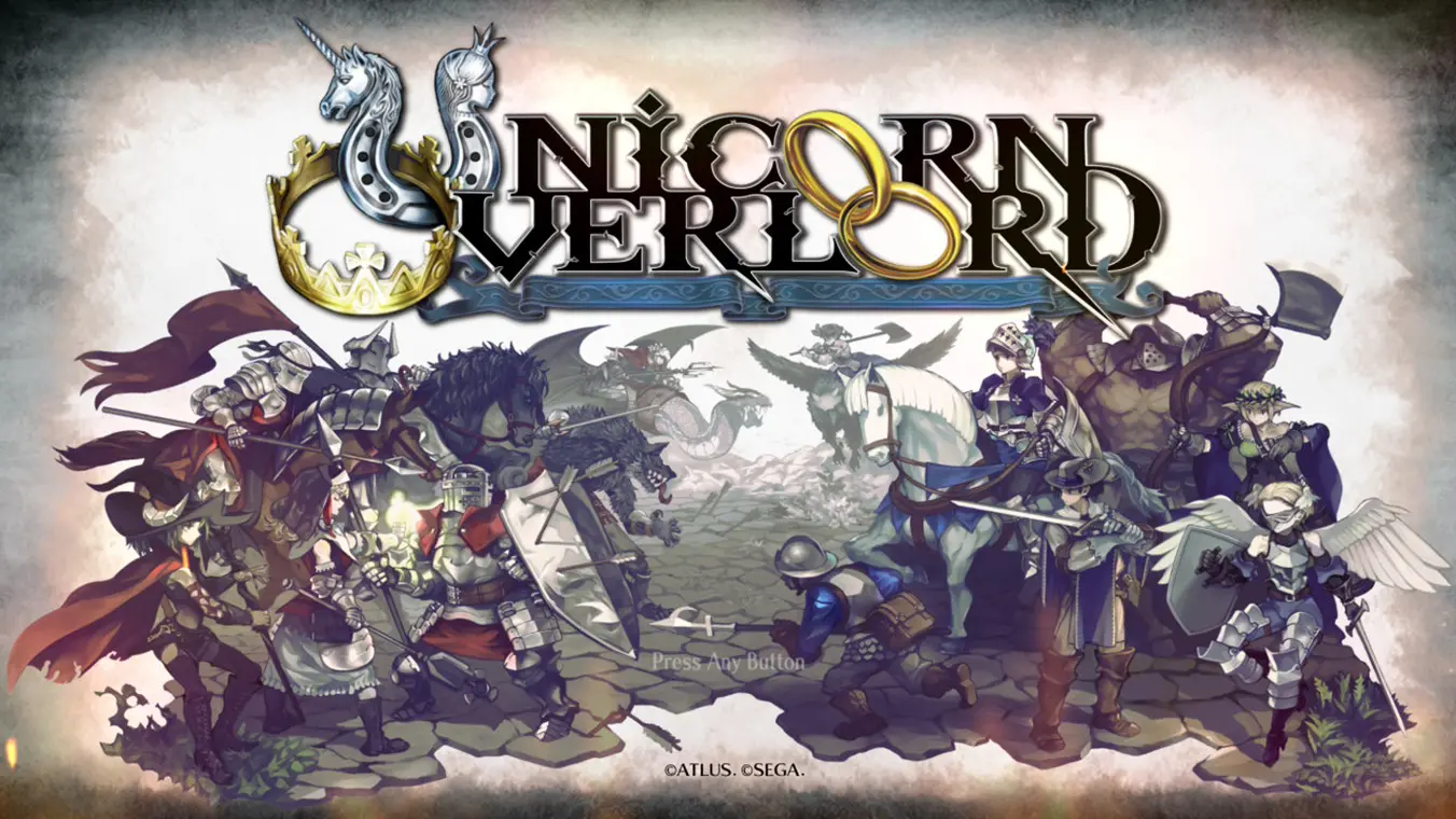 The game's main title screen showing the elaborate gold and silver logo for UNICORN OVERLORD. Below it, two opposing armies of fantasy soldiers, knights, and mythical creatures are gathered on a stone-paved battlefield, facing off from the left and right sides.