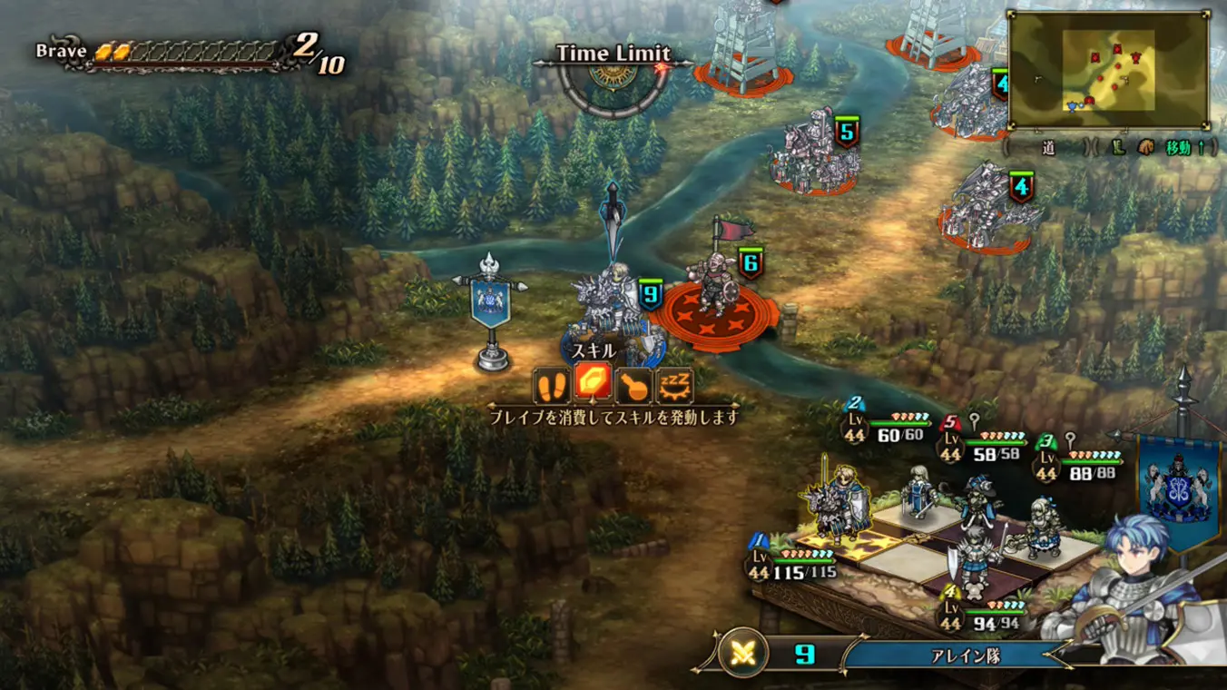 A tactical map gameplay screenshot showing a top-down view of a forested, mountainous valley divided by a river. Small, stylized military units with level counters and health bars are positioned on the paths, with a battle squad layout grid displayed in the bottom-right corner.