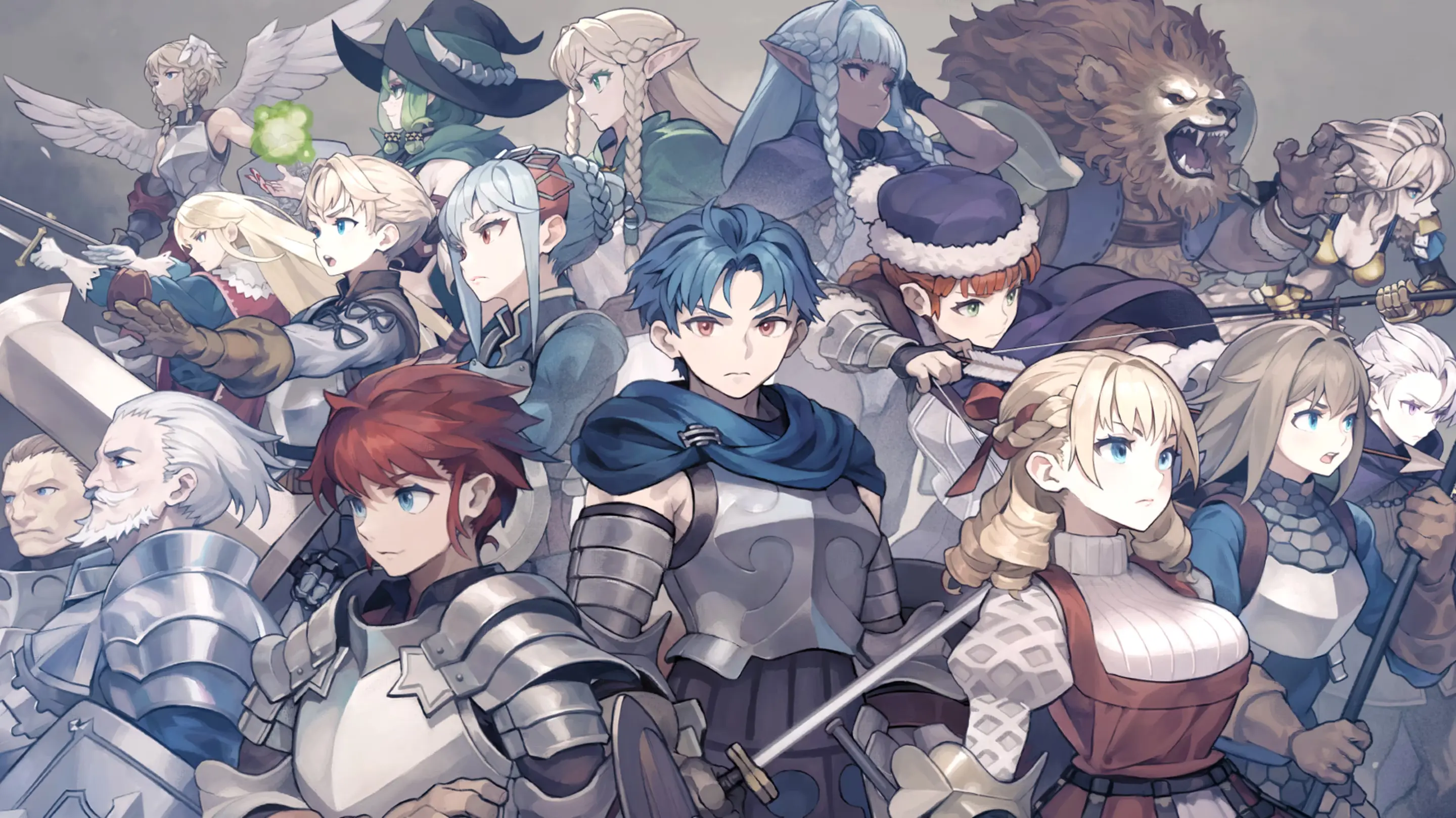 Promotional character artwork for Unicorn Overlord, featuring a large ensemble of anime-styled fantasy characters standing close together. In the center stands a young, blue-haired prince in silver plate armor and a blue cape, surrounded by various knights, elves, a witch, and a large anthropomorphic lion warrior.