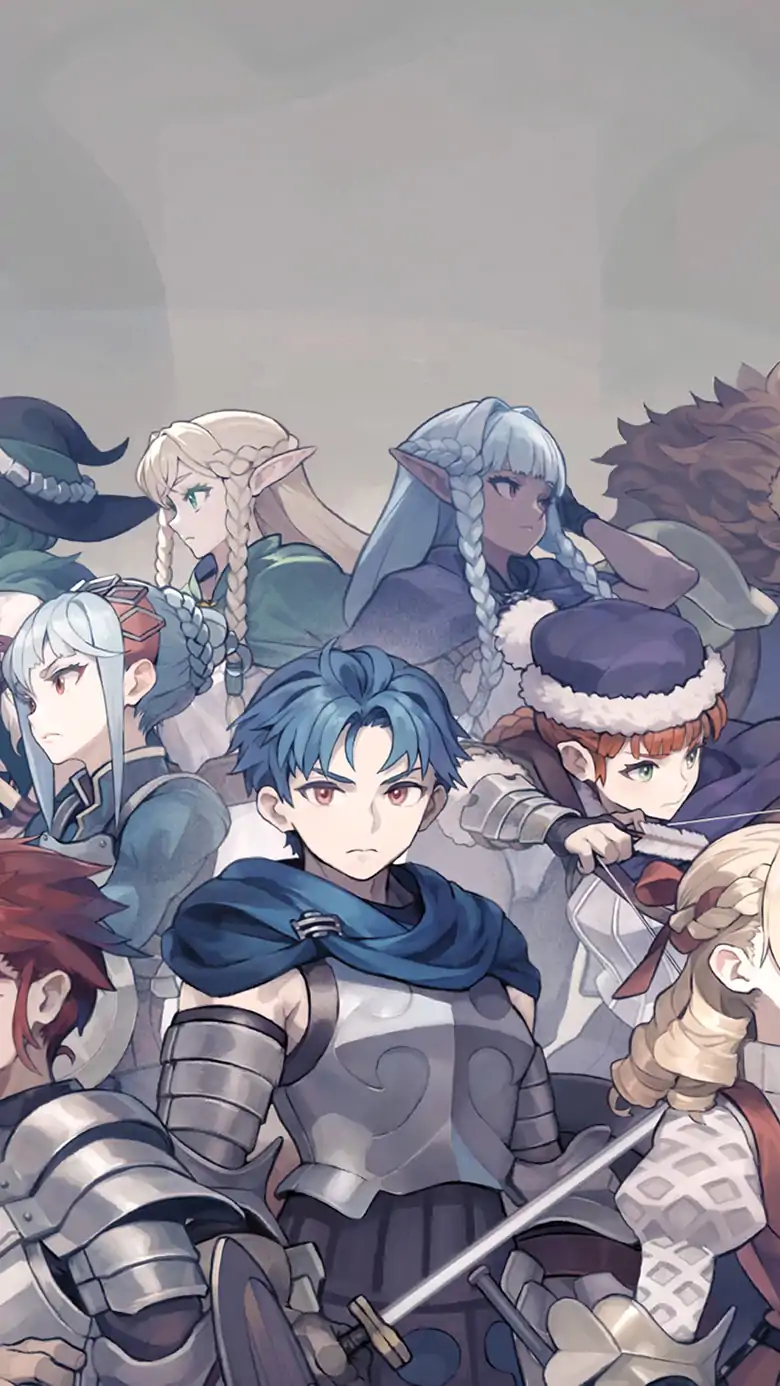 Promotional character artwork for Unicorn Overlord, featuring a large ensemble of anime-styled fantasy characters standing close together. In the center stands a young, blue-haired prince in silver plate armor and a blue cape, surrounded by various knights, elves, a witch, and a large anthropomorphic lion warrior.