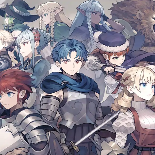 Promotional character artwork for Unicorn Overlord, featuring a large ensemble of anime-styled fantasy characters standing close together. In the center stands a young, blue-haired prince in silver plate armor and a blue cape, surrounded by various knights, elves, a witch, and a large anthropomorphic lion warrior.
