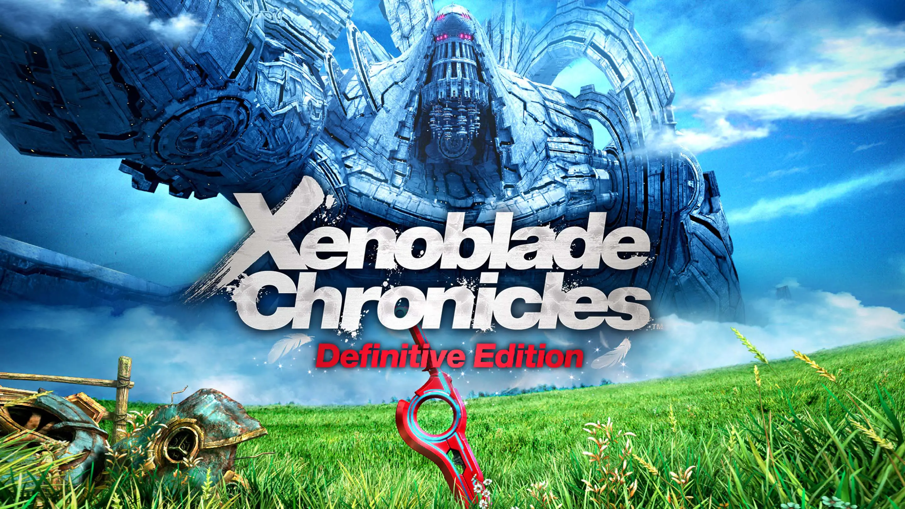 Promotional key art for Xenoblade Chronicles Definitive Edition showing a vibrant green grassy field under a bright blue sky. A distinct red sword is stabbed into the ground in the foreground, while the colossal, metallic Mechonis titan towers in the distance.